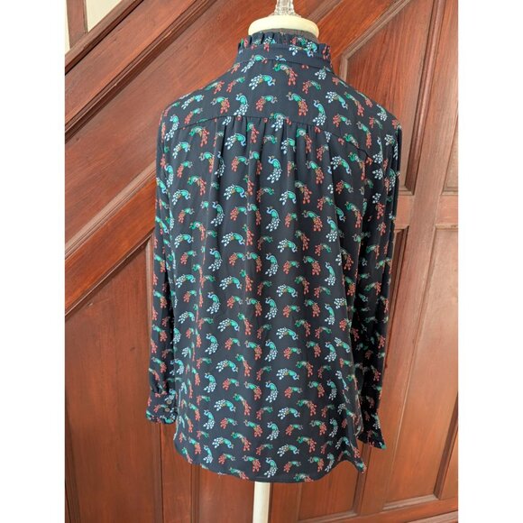 Loft Petite Womens Peacock Print Button-Up Blouse With Ruffle Collar & Cuffs LP - Picture 4 of 8